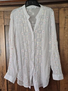 Anthropologie Figeroua And Flower White Embroidered Daisy Button-Up Top Xl